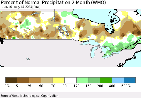 Canada Percent of Normal Precipitation 2-Month (WMO) Thematic Map For 6/16/2023 - 8/15/2023