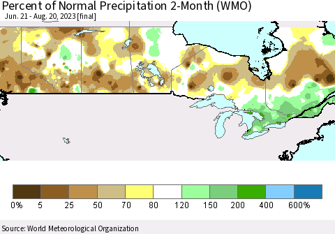 Canada Percent of Normal Precipitation 2-Month (WMO) Thematic Map For 6/21/2023 - 8/20/2023