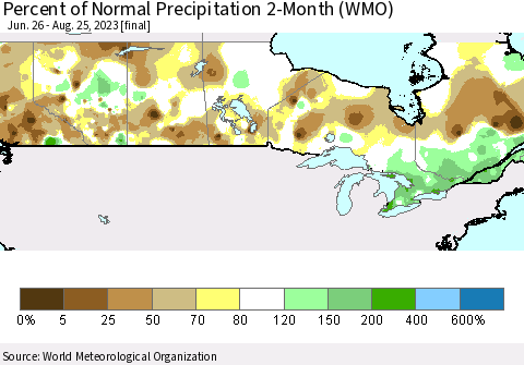 Canada Percent of Normal Precipitation 2-Month (WMO) Thematic Map For 6/26/2023 - 8/25/2023