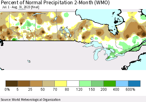 Canada Percent of Normal Precipitation 2-Month (WMO) Thematic Map For 7/1/2023 - 8/31/2023