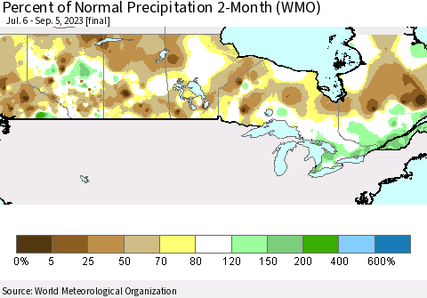 Canada Percent of Normal Precipitation 2-Month (WMO) Thematic Map For 7/6/2023 - 9/5/2023