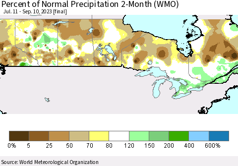 Canada Percent of Normal Precipitation 2-Month (WMO) Thematic Map For 7/11/2023 - 9/10/2023