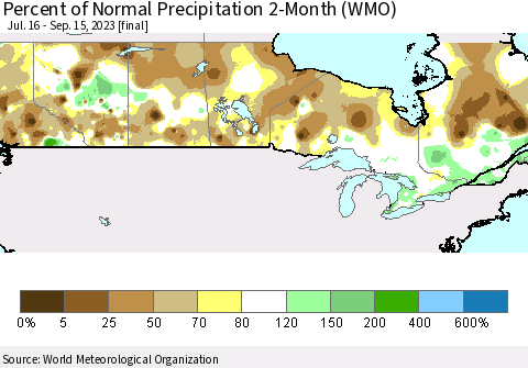 Canada Percent of Normal Precipitation 2-Month (WMO) Thematic Map For 7/16/2023 - 9/15/2023