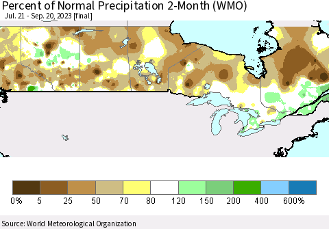 Canada Percent of Normal Precipitation 2-Month (WMO) Thematic Map For 7/21/2023 - 9/20/2023