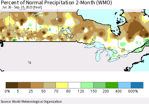 Canada Percent of Normal Precipitation 2-Month (WMO) Thematic Map For 7/26/2023 - 9/25/2023