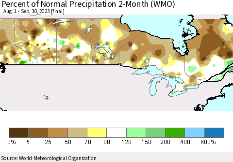 Canada Percent of Normal Precipitation 2-Month (WMO) Thematic Map For 8/1/2023 - 9/30/2023