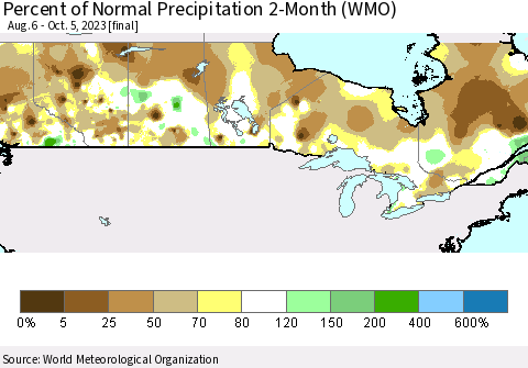 Canada Percent of Normal Precipitation 2-Month (WMO) Thematic Map For 8/6/2023 - 10/5/2023