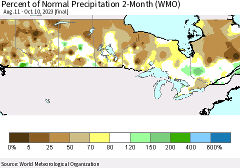Canada Percent of Normal Precipitation 2-Month (WMO) Thematic Map For 8/11/2023 - 10/10/2023