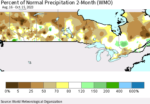 Canada Percent of Normal Precipitation 2-Month (WMO) Thematic Map For 8/16/2023 - 10/15/2023