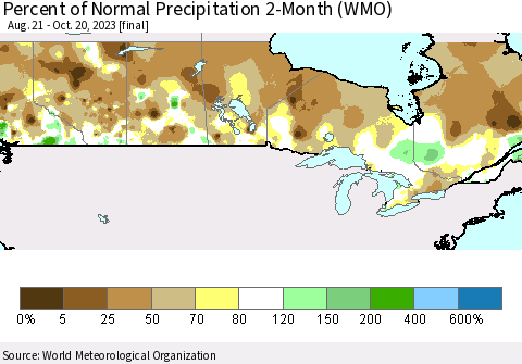 Canada Percent of Normal Precipitation 2-Month (WMO) Thematic Map For 8/21/2023 - 10/20/2023