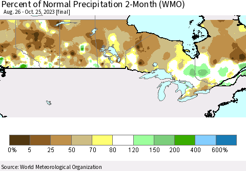Canada Percent of Normal Precipitation 2-Month (WMO) Thematic Map For 8/26/2023 - 10/25/2023