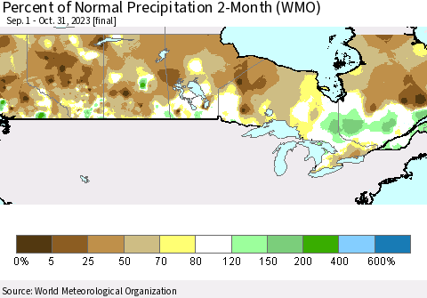 Canada Percent of Normal Precipitation 2-Month (WMO) Thematic Map For 9/1/2023 - 10/31/2023