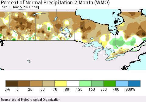 Canada Percent of Normal Precipitation 2-Month (WMO) Thematic Map For 9/6/2023 - 11/5/2023