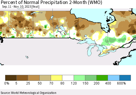 Canada Percent of Normal Precipitation 2-Month (WMO) Thematic Map For 9/11/2023 - 11/10/2023