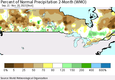 Canada Percent of Normal Precipitation 2-Month (WMO) Thematic Map For 9/21/2023 - 11/20/2023