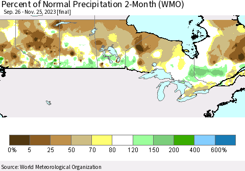 Canada Percent of Normal Precipitation 2-Month (WMO) Thematic Map For 9/26/2023 - 11/25/2023