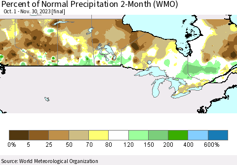 Canada Percent of Normal Precipitation 2-Month (WMO) Thematic Map For 10/1/2023 - 11/30/2023