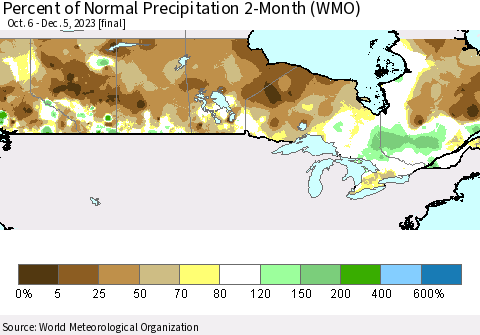 Canada Percent of Normal Precipitation 2-Month (WMO) Thematic Map For 10/6/2023 - 12/5/2023