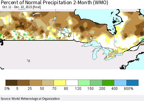 Canada Percent of Normal Precipitation 2-Month (WMO) Thematic Map For 10/11/2023 - 12/10/2023