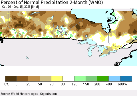 Canada Percent of Normal Precipitation 2-Month (WMO) Thematic Map For 10/16/2023 - 12/15/2023