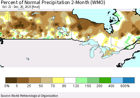 Canada Percent of Normal Precipitation 2-Month (WMO) Thematic Map For 10/21/2023 - 12/20/2023