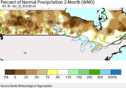 Canada Percent of Normal Precipitation 2-Month (WMO) Thematic Map For 10/26/2023 - 12/25/2023