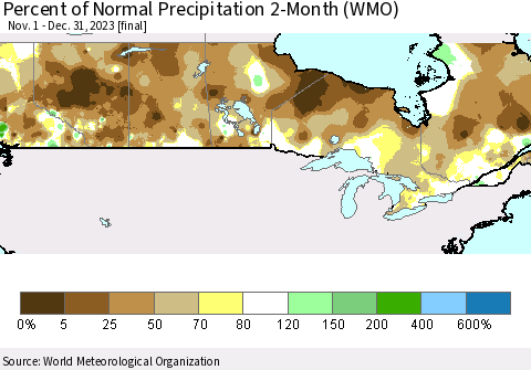 Canada Percent of Normal Precipitation 2-Month (WMO) Thematic Map For 11/1/2023 - 12/31/2023