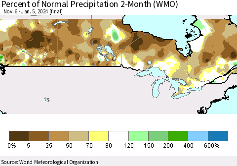 Canada Percent of Normal Precipitation 2-Month (WMO) Thematic Map For 11/6/2023 - 1/5/2024