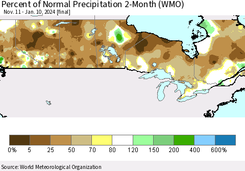 Canada Percent of Normal Precipitation 2-Month (WMO) Thematic Map For 11/11/2023 - 1/10/2024