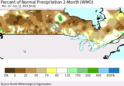 Canada Percent of Normal Precipitation 2-Month (WMO) Thematic Map For 11/16/2023 - 1/15/2024