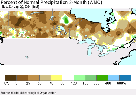 Canada Percent of Normal Precipitation 2-Month (WMO) Thematic Map For 11/21/2023 - 1/20/2024