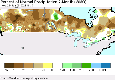 Canada Percent of Normal Precipitation 2-Month (WMO) Thematic Map For 11/26/2023 - 1/25/2024