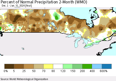 Canada Percent of Normal Precipitation 2-Month (WMO) Thematic Map For 12/1/2023 - 1/31/2024