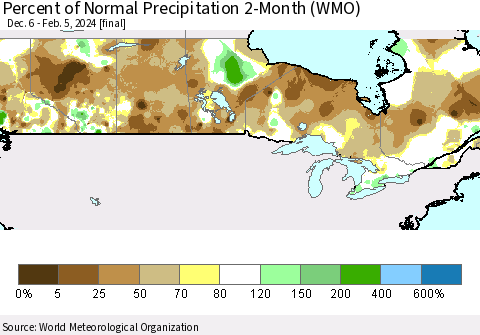 Canada Percent of Normal Precipitation 2-Month (WMO) Thematic Map For 12/6/2023 - 2/5/2024