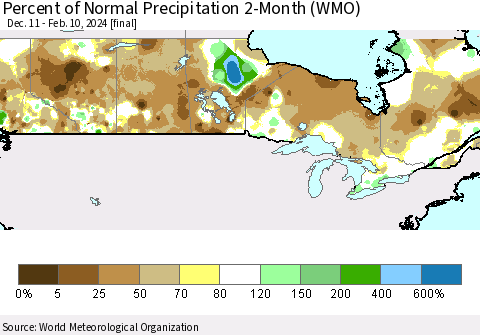 Canada Percent of Normal Precipitation 2-Month (WMO) Thematic Map For 12/11/2023 - 2/10/2024