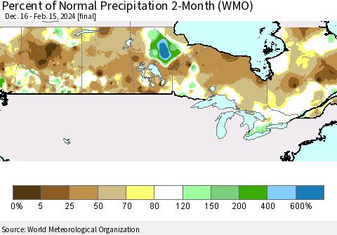 Canada Percent of Normal Precipitation 2-Month (WMO) Thematic Map For 12/16/2023 - 2/15/2024