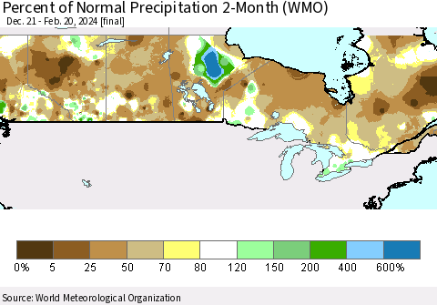 Canada Percent of Normal Precipitation 2-Month (WMO) Thematic Map For 12/21/2023 - 2/20/2024