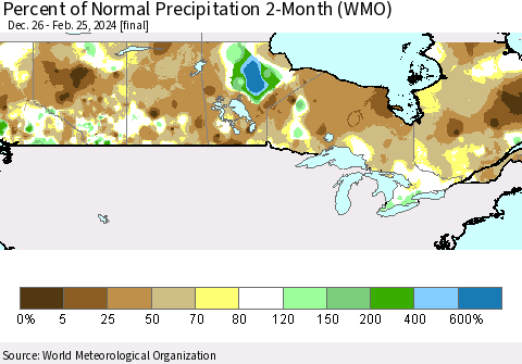 Canada Percent of Normal Precipitation 2-Month (WMO) Thematic Map For 12/26/2023 - 2/25/2024