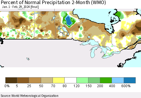 Canada Percent of Normal Precipitation 2-Month (WMO) Thematic Map For 1/1/2024 - 2/29/2024