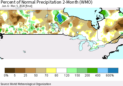 Canada Percent of Normal Precipitation 2-Month (WMO) Thematic Map For 1/6/2024 - 3/5/2024