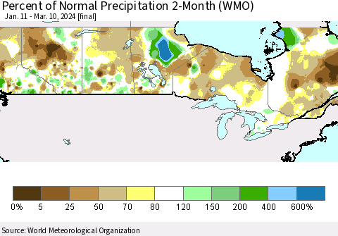Canada Percent of Normal Precipitation 2-Month (WMO) Thematic Map For 1/11/2024 - 3/10/2024