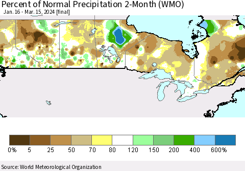 Canada Percent of Normal Precipitation 2-Month (WMO) Thematic Map For 1/16/2024 - 3/15/2024