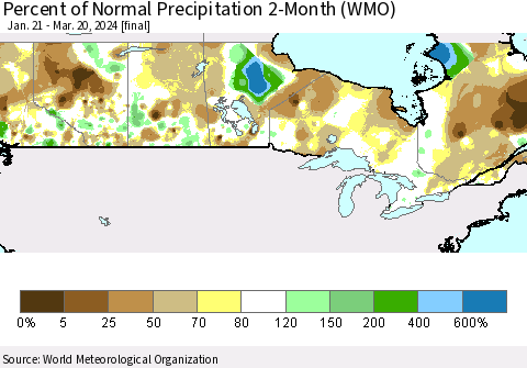Canada Percent of Normal Precipitation 2-Month (WMO) Thematic Map For 1/21/2024 - 3/20/2024
