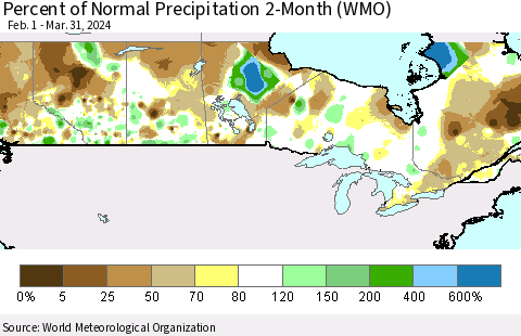 Canada Percent of Normal Precipitation 2-Month (WMO) Thematic Map For 2/1/2024 - 3/31/2024