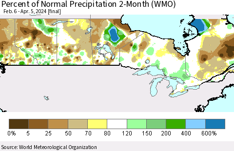 Canada Percent of Normal Precipitation 2-Month (WMO) Thematic Map For 2/6/2024 - 4/5/2024