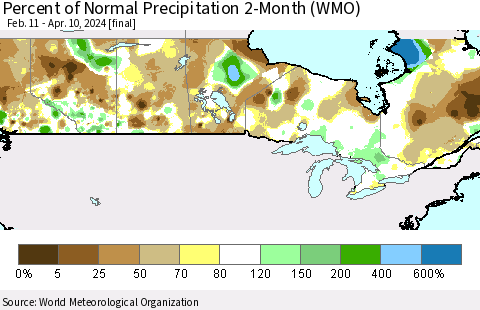 Canada Percent of Normal Precipitation 2-Month (WMO) Thematic Map For 2/11/2024 - 4/10/2024