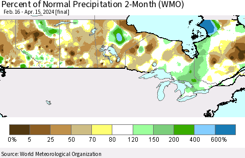 Canada Percent of Normal Precipitation 2-Month (WMO) Thematic Map For 2/16/2024 - 4/15/2024