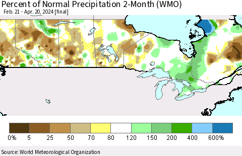 Canada Percent of Normal Precipitation 2-Month (WMO) Thematic Map For 2/21/2024 - 4/20/2024