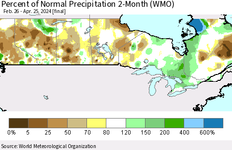 Canada Percent of Normal Precipitation 2-Month (WMO) Thematic Map For 2/26/2024 - 4/25/2024