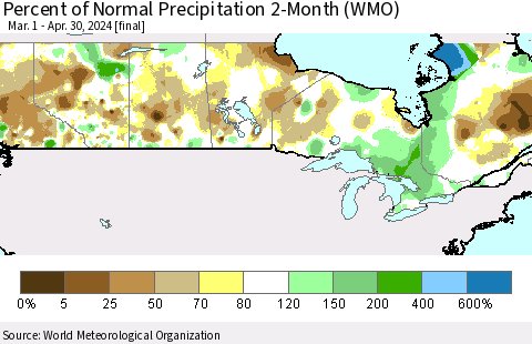 Canada Percent of Normal Precipitation 2-Month (WMO) Thematic Map For 3/1/2024 - 4/30/2024